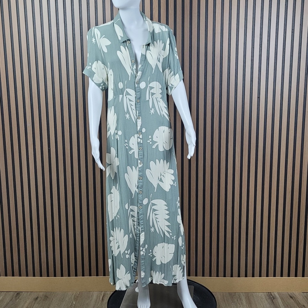 O'Neill Maxi Dress Button Front Tropical Leaf Sage Green Short Sleeve Size L